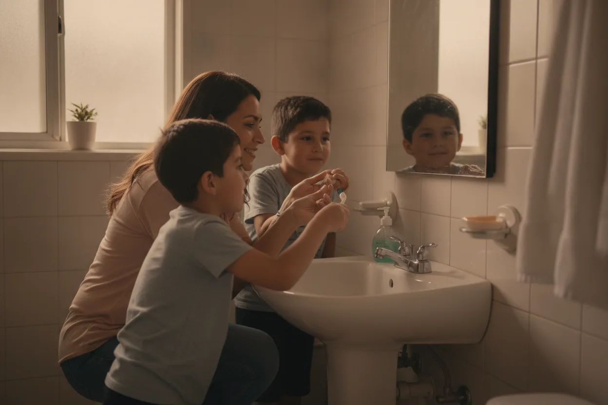 Hispanic mother helping her son brush his teeth at home