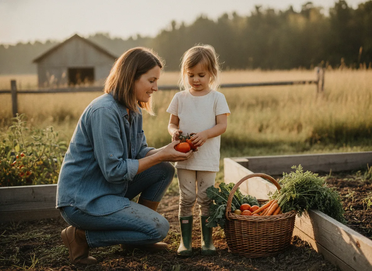 Madre e hija cosechando vegetales juntas en el huerto familiar, LA Castle Brokers Group